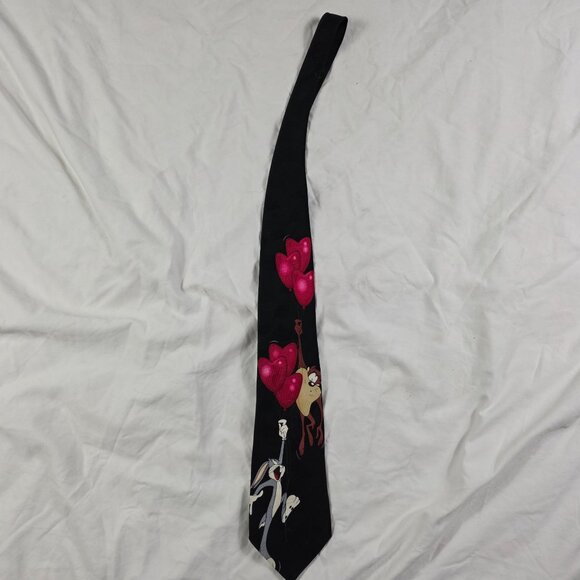 Vintage 90s Looney Tunes Mania Valentines Bugs Bunny Taz Heart Balloons Neck Tie - Picture 1 of 5